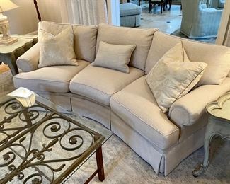 Custom upholstered curve back sofa from interior designer Kathy Harris 
(Retails for $8000)
100”w, 43” d, 32” h