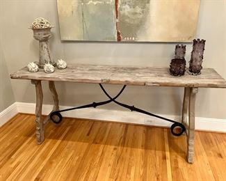 Weathered elm and iron French console table
84” w, 19.5” d, 33” h
