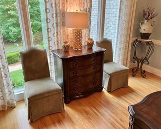 Pair of olive green velvet parsons chairs by Fairfield
