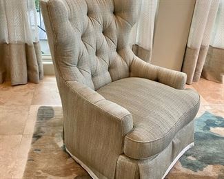 Pair of Sherrill high back arm chairs with blue/green tweed upholstery 
32” w, 39”d , 41” h
