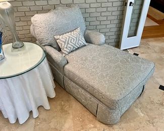 Custom upholstered Calico Corners chaise lounge
38” w, 69” d, 34” h
