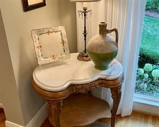 Marble top French lamp table 
29” w, 20.5” d, 29” h
