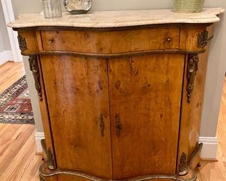 Marble top burled hall caninet
47” w, 17” d, 41.5” h
