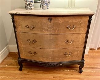 Bleached marble top serpentine chest
47” w, 24” d, 37.5” h
