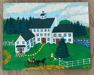 Untitled Folk Art Farm Scene, Oil On Board. Signed Ginny. Measures 26.5" W x 20.5" H; 28" W x 22" With Frame. Photo 1 of 2.