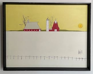 Barn Folk Art Oil on Board. Signed By Artist. Measures 26.5" W x 20.5" H; 28" W x 22" H With Frame. Photo 1 of 2.