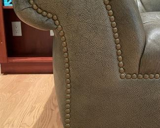 Hancock & Moore Tufted Moss-Colored Leather Upholstered Sofa with Nailhead Trim. Measures 87" W x 39" D with 22" Seat Height. Back Measures 35" H. Photo 4 of 6.
