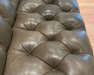 Hancock & Moore Tufted Moss-Colored Leather Upholstered Sofa with Nailhead Trim. Measures 87" W x 39" D with 22" Seat Height. Back Measures 35" H. Photo 2 of 6.