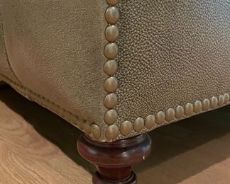 Hancock & Moore Tufted Moss-Colored Leather Upholstered Sofa with Nailhead Trim. Measures 87" W x 39" D with 22" Seat Height. Back Measures 35" H. Photo 5 of 6.