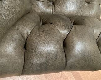 Hancock & Moore Tufted Moss-Colored Leather Upholstered Sofa with Nailhead Trim. Measures 87" W x 39" D with 22" Seat Height. Back Measures 35" H. Photo 3 of 6.