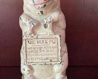 Antique Thrifty, The Wise Pig Cast Iron Bank. Copyright JMR. Photo 1 of 4.