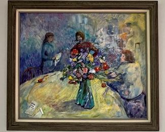 "Sewing Circle," Glenda Cobb Bixby, Oil on Board. Measures 23.5" W x 20" H; 28.5" W x 24" H with Frame. Photo 1 of 3.