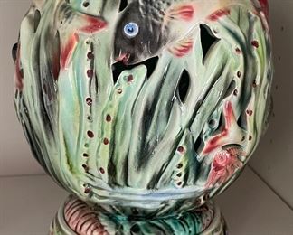 Italian Majolica Cutout Lamp with Fish Motif. Photo 1 of 2.