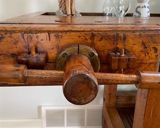 Antique Carpenter's Workbench / Console Table / Dry Bar. Measures 81" L x 24.5" D x 34" H. Photo 3 of 6.
