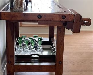 Antique Carpenter's Workbench / Console Table / Dry Bar. Measures 81" L x 24.5" D x 34" H. Photo 2 of 6.