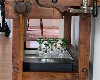 Antique Carpenter's Workbench / Console Table / Dry Bar. Measures 81" L x 24.5" D x 34" H. Photo 5 of 6.