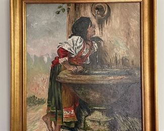 Untitled Girl At Fountain, Oil on Canvas. Signed. Photo 1 of 2.