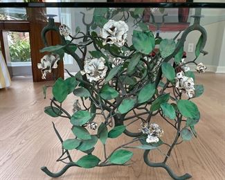 Painted Floral Tole Glass Top Cocktail Table. Measures 39" x 22" x 17.5" H. Photo 2 of 5.