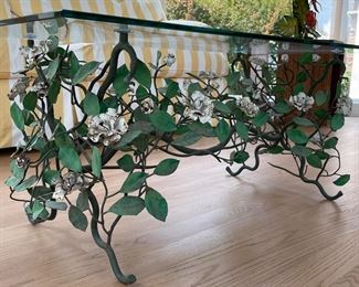 Painted Floral Tole Glass Top Cocktail Table. Measures 39" x 22" x 17.5" H. Photo 4 of 5.