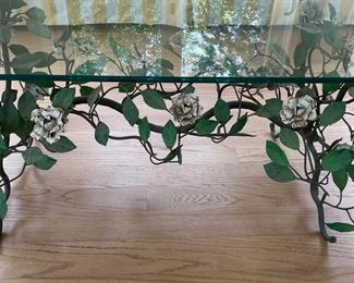 Painted Floral Tole Glass Top Cocktail Table. Measures 39" x 22" x 17.5" H. Photo 5 of 5.