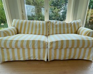 Yellow & White Stripe Sunbrella Fabric Upholstered Two-Seat Sofa. Measures 90" W x 42" D with 20.5" Seat Height. Photo 1 of 2.