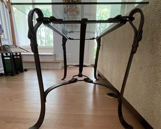 Vintage Hermes Style Metal Leather Equestrian Strap Console with Glass Top. Measures 54" W x 26" D x 29" H. Photo 2 of 5.