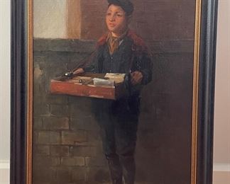Untitled Mail Boy, Oil on Canvas. Artist Unknown, Signed. Measures 16" W x 25.5" H; 20" W x 29.5" H with Frame. Photo 1 of 2.