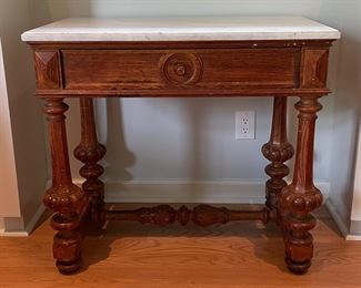 Antique Carrera Marble Top Occasional Table. Measures 34" W x 20" D x 30.5" H. Photo 1 of 6.