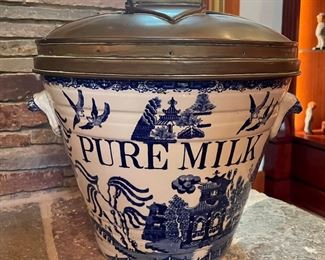 Vintage English Porcelain Chinoiserie Milk Pail with Copper Top. Photo 1 of 4.