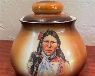 19th Century Warwick Ioga Indian Fave Tobacco Lidded Tobacco Jar. Photo 1 of 2.