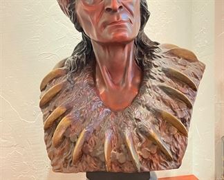 Hand-Carved, Hand-Painted Bust of Native American. Photo 1 of 2.