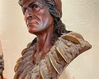 Hand-Carved, Hand-Painted Bust of Native American. Photo 2 of 2.