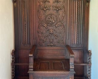 Antique Hand-Carved Hall Tree With Bench and Umbrella Stands. Measures 57" W x 82" H. Photo 1 of 5.