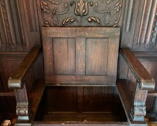 Antique Hand-Carved Hall Tree With Bench and Umbrella Stands. Measures 57" W x 82" H. Photo 2 of 5.