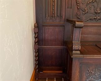 Antique Hand-Carved Hall Tree With Bench and Umbrella Stands. Measures 57" W x 82" H. Photo 5 of 5.