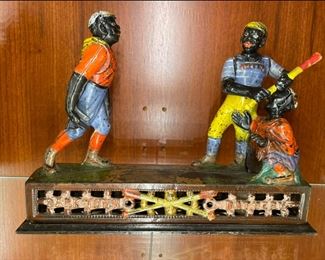 Antique Darktown Battery Cast Iron Mechanical Bank, J & E Stevens Company, Circa 1888. Photo 1 of 2.