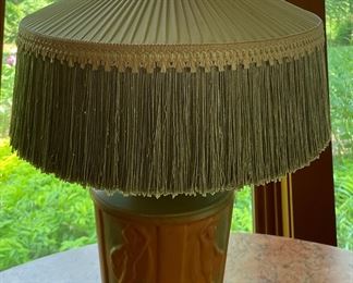 Vintage American Pottery Marked "IA" Turned Table Lamp. Measures 28" H. Photo 1 of 4.