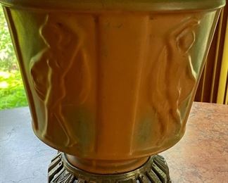 Vintage American Pottery Marked "IA" Turned Table Lamp. Measures 28" H. Photo 2 of 4.