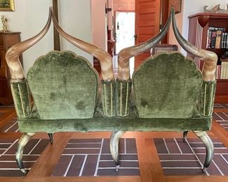 Antique Horn Frame Settee with Moss Colored Velvet Upholstery. Measures 48" W x 29" D with 20" Seat Height. Photo 4 of 5.