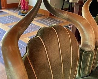 Antique Horn Frame Settee with Moss Colored Velvet Upholstery. Measures 48" W x 29" D with 20" Seat Height. Photo 3 of 5.