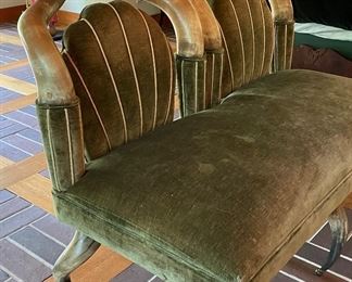 Antique Horn Frame Settee with Moss Colored Velvet Upholstery. Measures 48" W x 29" D with 20" Seat Height. Photo 2 of 5.