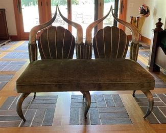 Antique Horn Frame Settee with Moss Colored Velvet Upholstery. Measures 48" W x 29" D with 20" Seat Height. Photo 1 of 5.