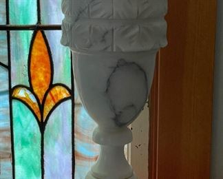 Pair of Carrera Marble Table Lamps with Parrot Theme Lamp Shades. Each Measures 28" H. Photo 2 of 3.