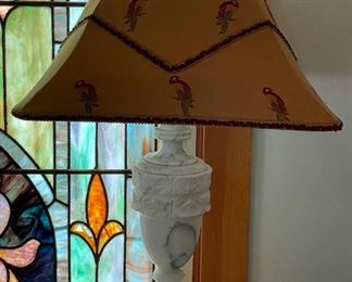 Pair of Carrera Marble Table Lamps with Parrot Theme Lamp Shades. Each Measures 28" H. Photo 1 of 3.