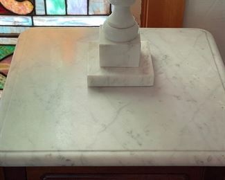 Carrera Marble Top Bedside Table - 2 Available. One Needs Repair. Each Measures 16.5" W x 16.5" D x 31.5" H. Photo 3 of 5.