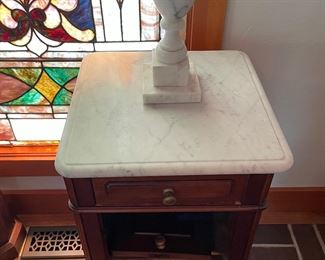 Carrera Marble Top Bedside Table - 2 Available. One Needs Repair. Each Measures 16.5" W x 16.5" D x 31.5" H. Photo 2 of 5.