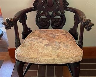 Antique Asian Mahogany Throne Arm Chair with Dragon Hand Rests. Photo 1 of 3.