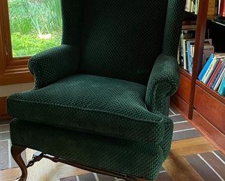 Queen Anne Style Wing Back Chair Upholstered in Forest Green Velvet. Measures 33" W x 34" D with 21" Seat Height. Photo 1 of 2.