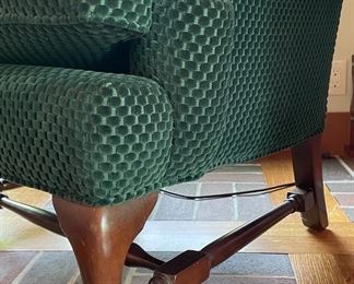 Queen Anne Style Wing Back Chair Upholstered in Forest Green Velvet. Measures 33" W x 34" D with 21" Seat Height. Photo 2 of 2.