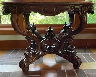 Antique Victorian Walnut and Marble Accent / Occasional Table. Measures 42" W x 30" D x 28.5" H. Photo 3 of 6.